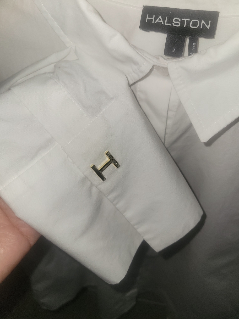 H by Halston White Long Sleeve Shirt with Gold 'H' Accent